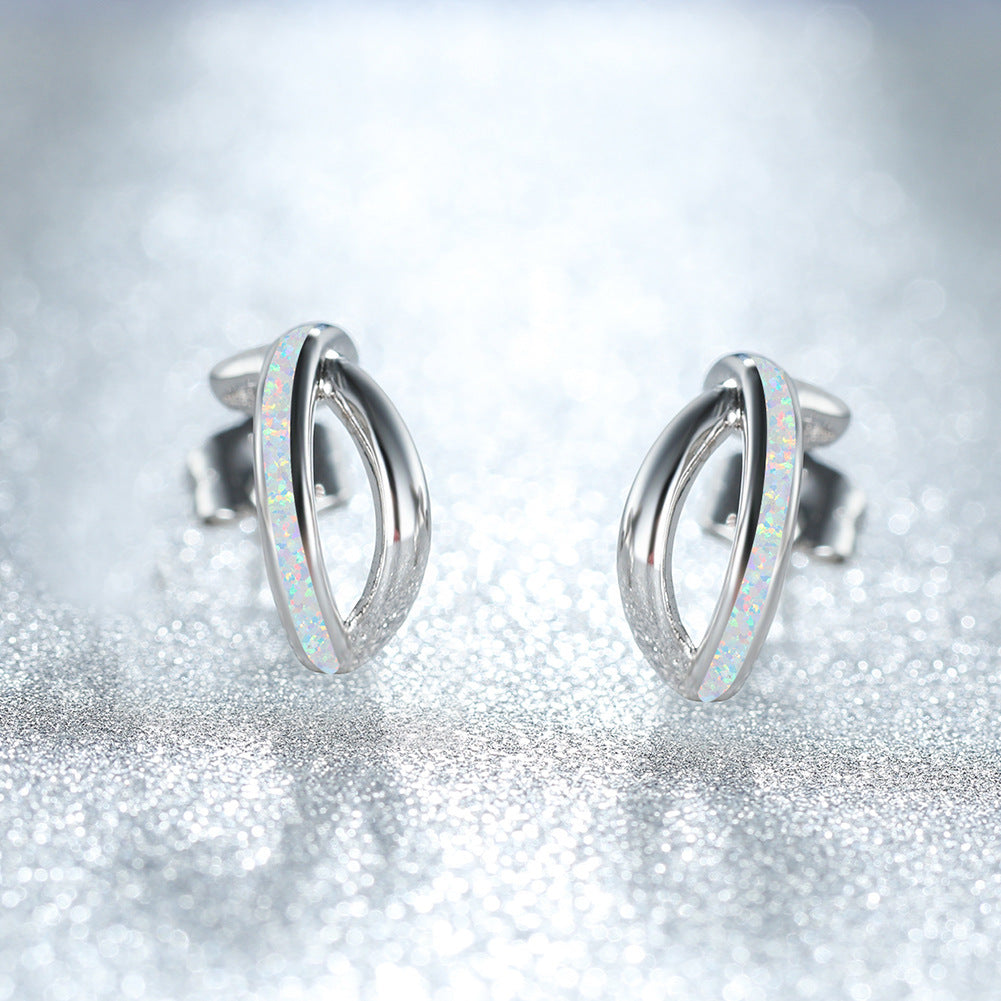 Women's Intertwined Cross‑Shape Stud Earrings, Blue Opal / White Opal Inlay, White Gold Plating / Rose Gold Plating