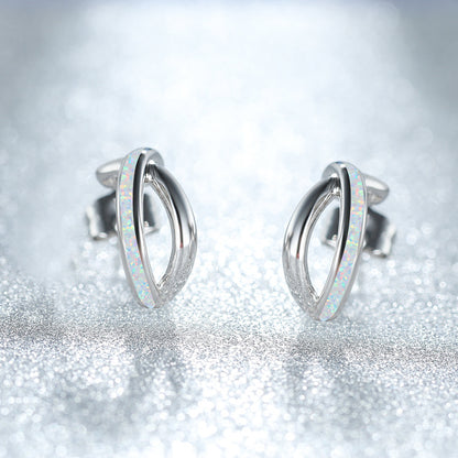 Women's Intertwined Cross‑Shape Stud Earrings, Blue Opal / White Opal Inlay, White Gold Plating / Rose Gold Plating