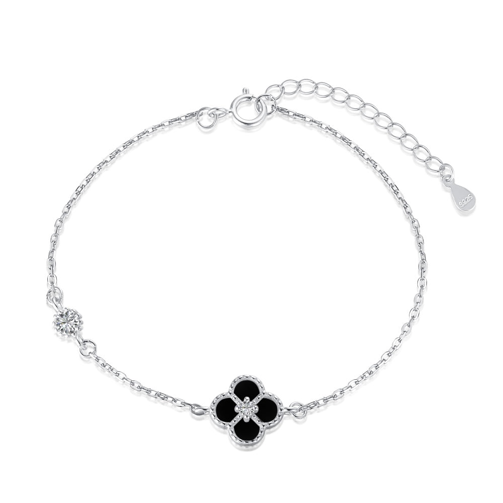Women's Bracelet, Black Shell Inlaid Clover With Black Onyx & Zirconia, S925 with White Gold Plating