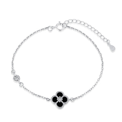 Women's Bracelet, Black Shell Inlaid Clover With Black Onyx & Zirconia, S925 with White Gold Plating