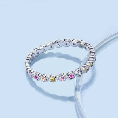 Women's Colorful Round Zirconia Paved Slim Band Ring, S925 with White Gold Plating