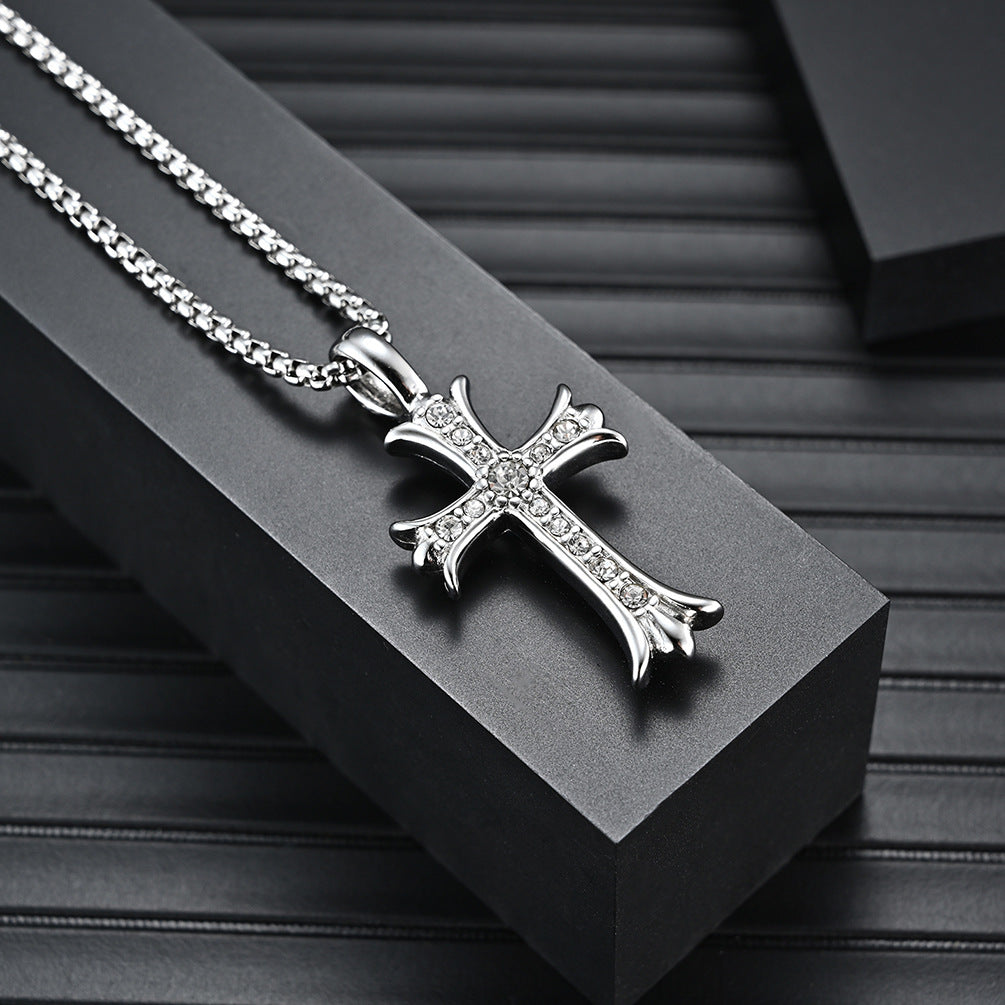 Men's Titanium Steel Cross Zircon Pendant Necklace