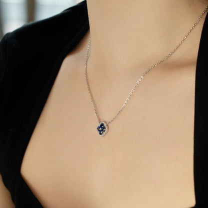 Women's Exquisite Pendant Necklace, Clover Flower Inlaid Blue Sapphire, S925 with White Gold Plating