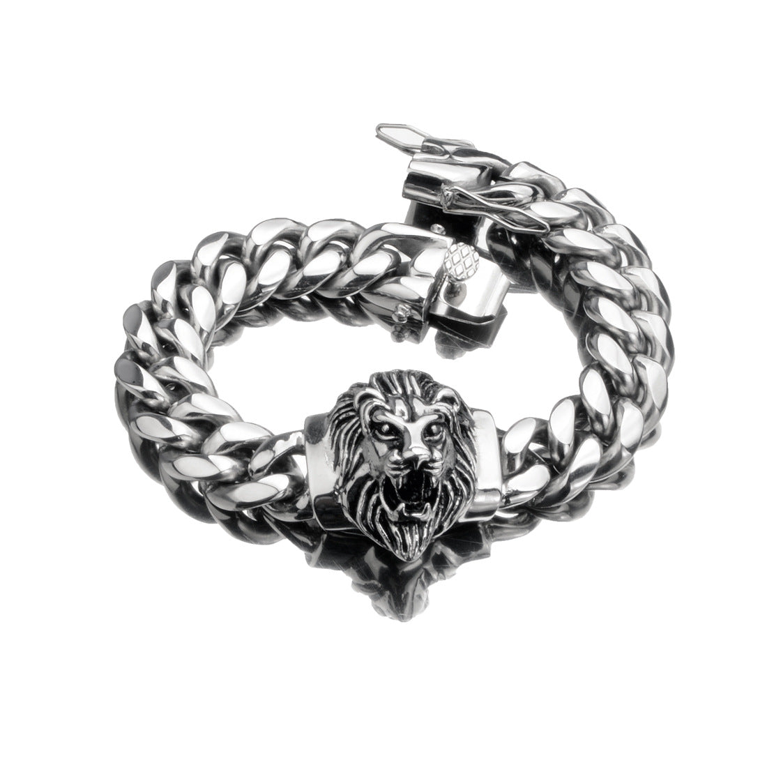 Men’s Cuban Link Bracelet with Lion Head Charm Fashion Hip Hop Stainless Steel Wrist Jewelry