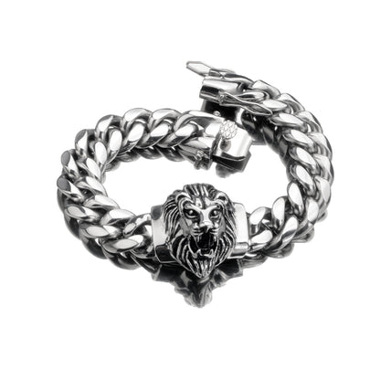Men’s Cuban Link Bracelet with Lion Head Charm Fashion Hip Hop Stainless Steel Wrist Jewelry
