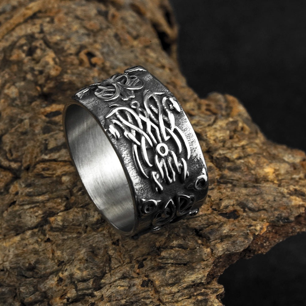 Vintage Antique Oxidized Solid Stainless Steel Celtic Knot Embossed Wide Circle Band Ring for Men