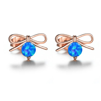 Women's Bow‑Shape Round Opal Stud Earrings, with Rose Gold Plating / White Gold Plating