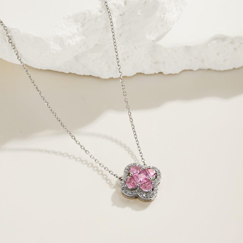 Women's Clover Pendant Necklace, D‑Shape Pink Sapphire, S925 with White Gold Plating