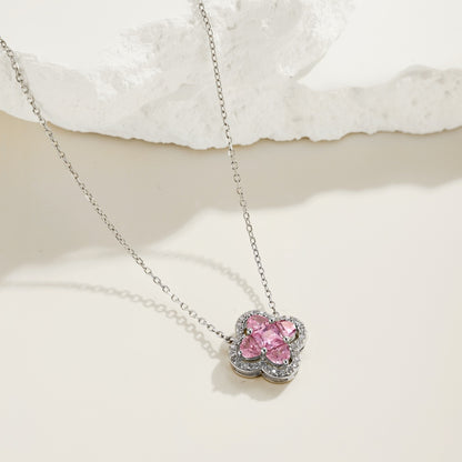 Women's Clover Pendant Necklace, D‑Shape Pink Sapphire, S925 with White Gold Plating