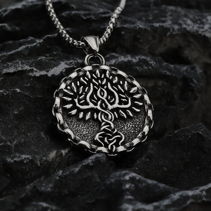 Men's Steel Nordic Tree of Life Lace Edge Round Retro Street Jewelry Pendant Necklace