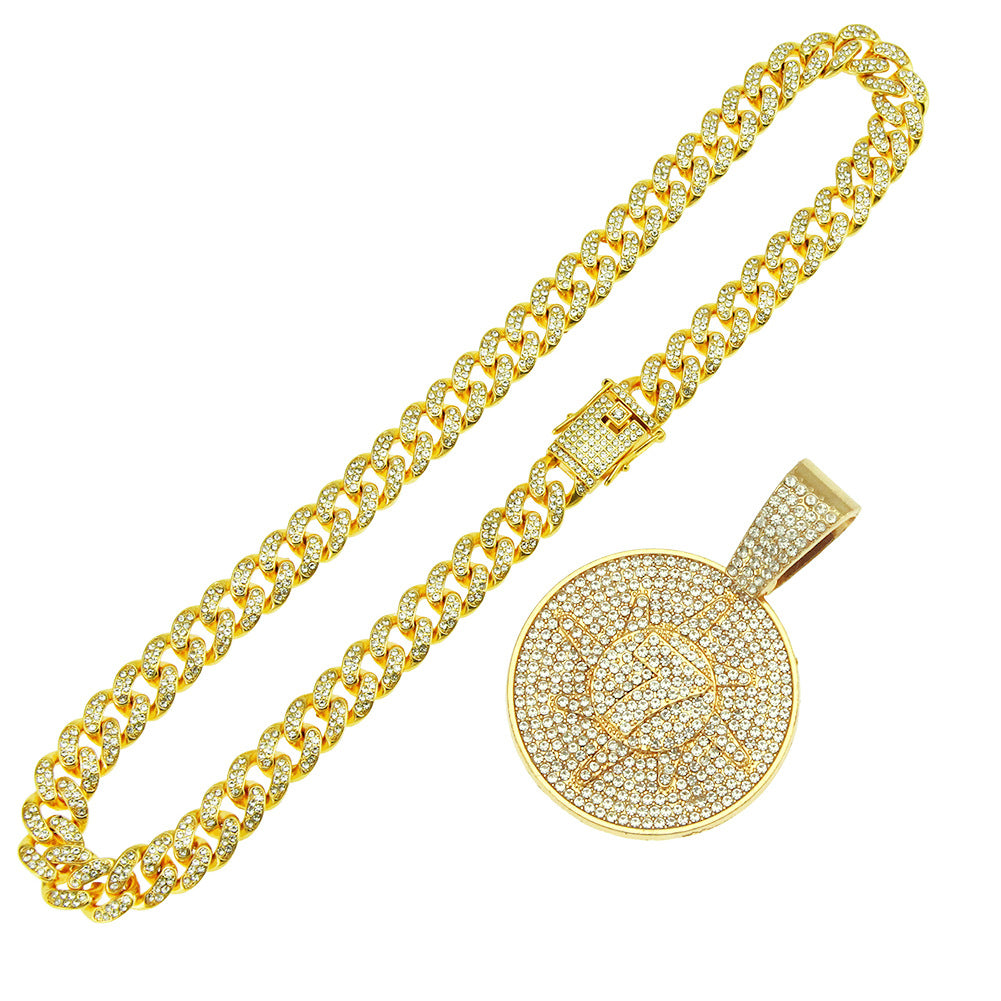 Hip-Hop 3D Zircon-Encrusted Number 7 Round Tag Cuban Chain Pendant Necklace