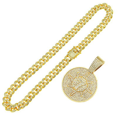 Hip-Hop 3D Zircon-Encrusted Number 7 Round Tag Cuban Chain Pendant Necklace