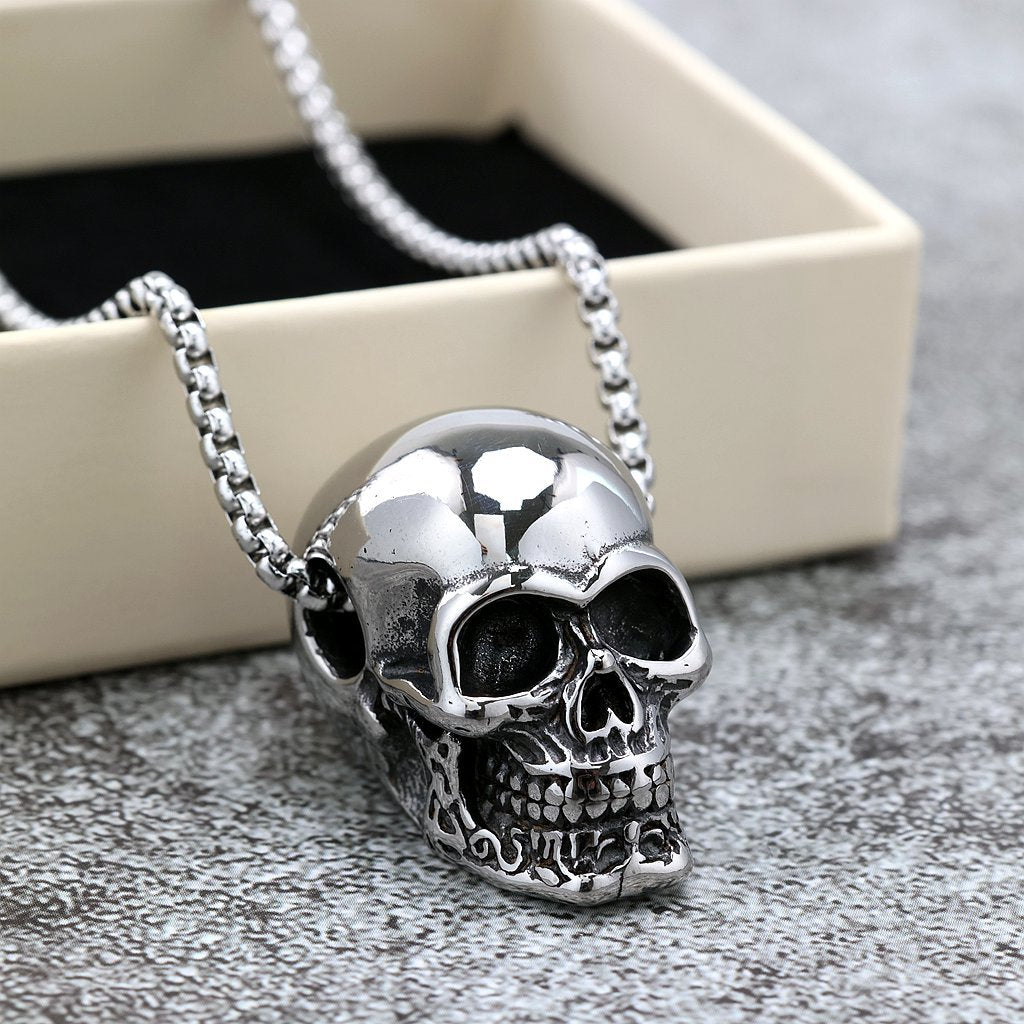 Vintage Stainless Steel Men's Halloween Skull Pendant Necklace