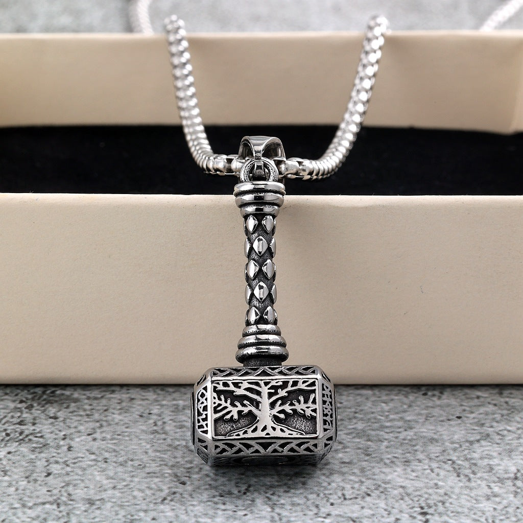Men's Steel Hollow Tree Of Life Thor Hammer Pendant Necklace
