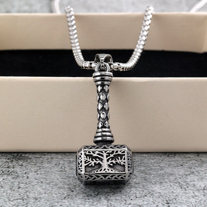 Men's Steel Hollow Tree Of Life Thor Hammer Pendant Necklace