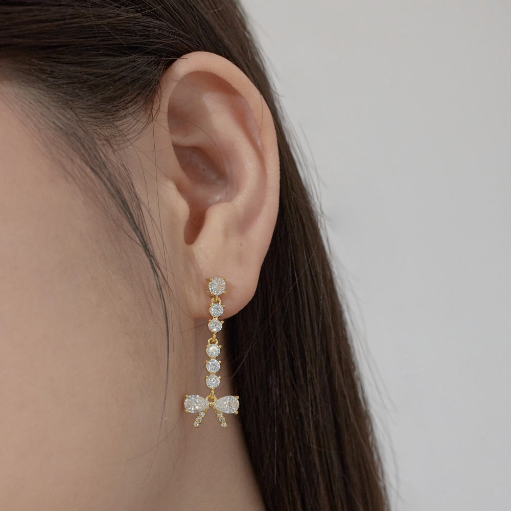 Women's Bow Dangle Earrings, Clear Zirconia Bow with Round Zirconia Chain, S925 with 18K Gold Plating