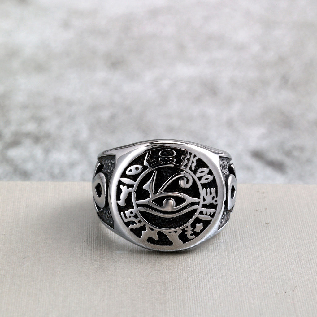 Vintage Solid Stainless Steel Ancient Egyptian Eye of Horus Cross Round Ring for Men