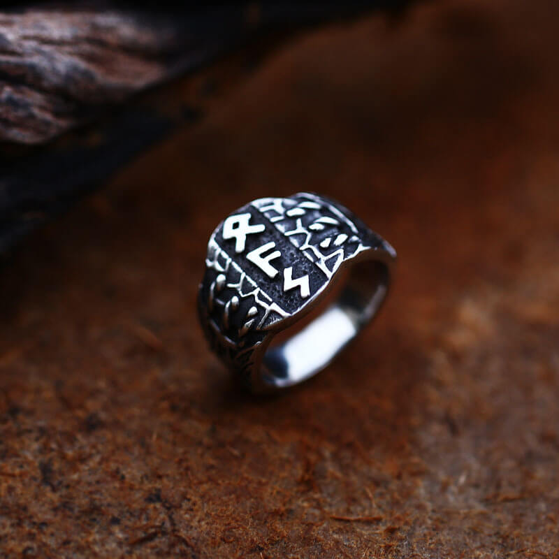 Vintage Solid Stainless Steel Viking Rune Shield Signet Ring for Men