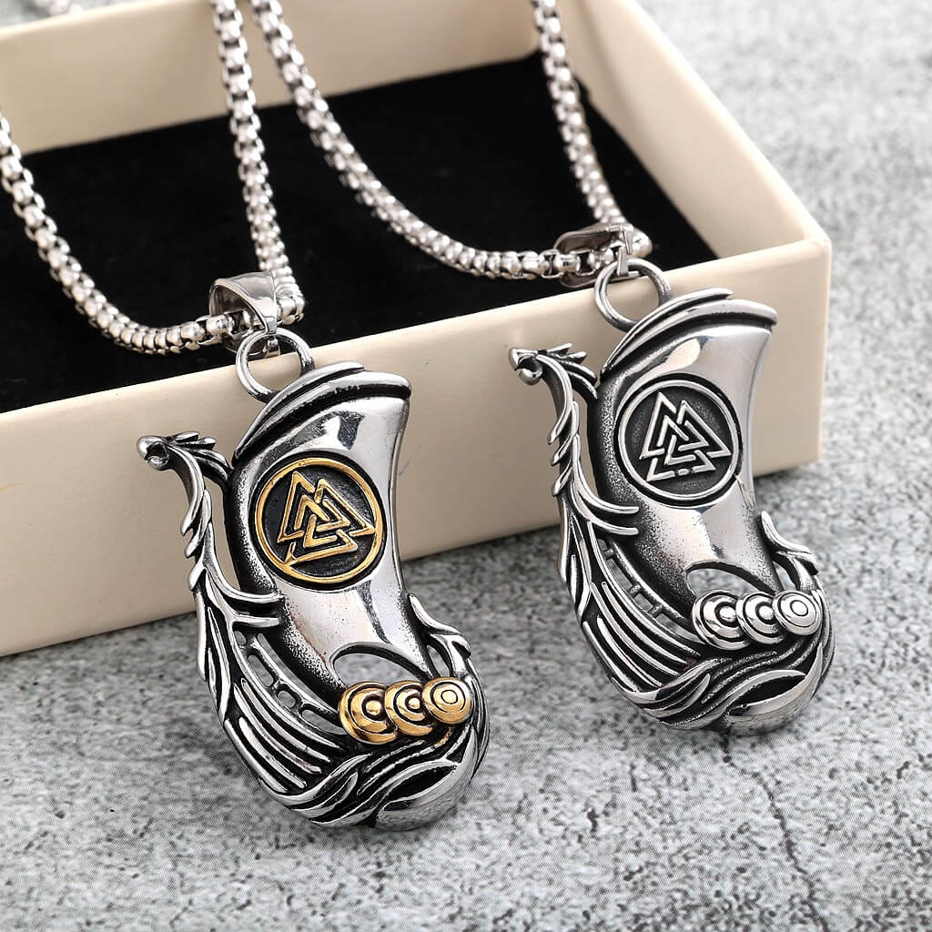 Men's Vintage Stainless Steel Single Sided Viking Sailboat Pendant Necklace