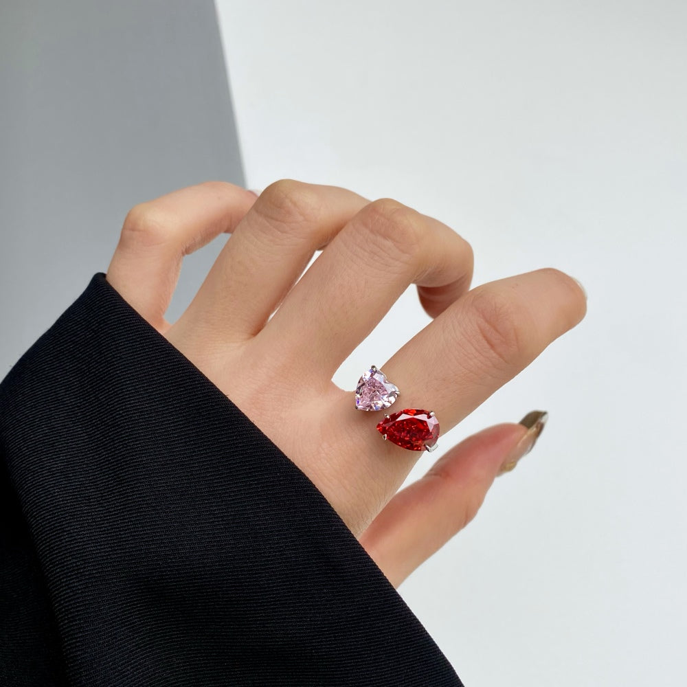 Women's Radiant Cut Ice Flower Cut Pink Heart & Red Pear Shape Dual Center Stone Open Ring, S925 with White Gold Plating