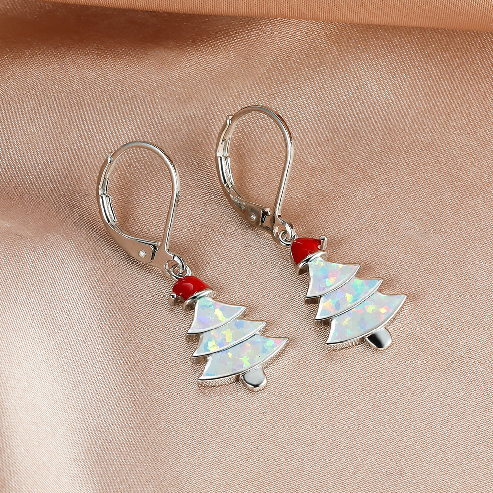 Women's Christmas Tree Color Opal Dangle Earrings, Gold / White Gold Plating