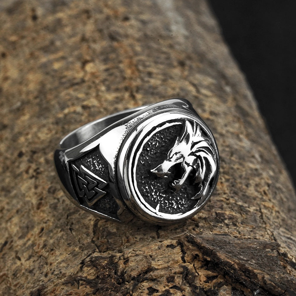 Vintage Solid Stainless Steel Norse Viking Wolf Head Valknut Triangle Band Ring for Men