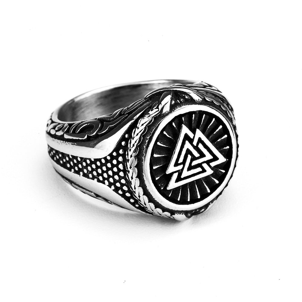 Vintage Solid Stainless Steel Norse Valknut Round Wide Signet Ring for Men