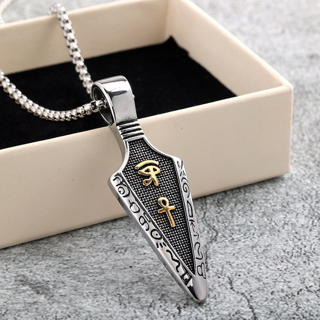 Vintage Stainless Steel Single Sided Egyptian Symbol Arrow Pendant Necklace for Men