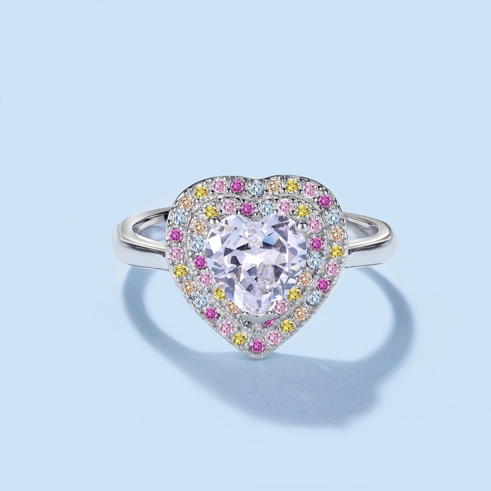Women's S925 Silver White Gold Tone Ring, Heart Shape Color Cubic Zirconia & Round Colorful Cubic Zirconia Inlaid Fashion Ladies Rin