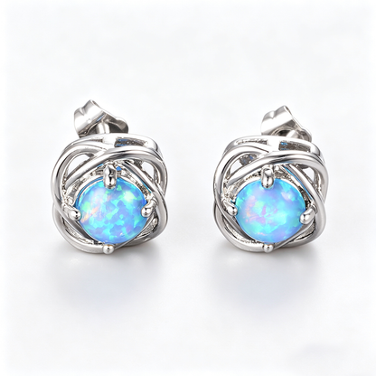 Women's Four‑Prong Blue Round Opal Braided Frame Stud Earrings