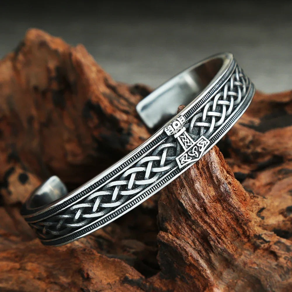 Men's Vintage Viking Celtic Knot Stainless Steel Open C Cuff Bracelet, Punk Mjolnir Thor's Hammer Retro Adjustable Bangle
