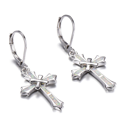 Women's Cross Dangle Hoop Earrings With Blue Opal Inlay, with White Gold Plating