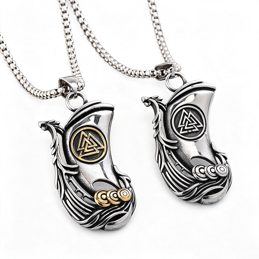 Men's Vintage Stainless Steel Single Sided Viking Sailboat Pendant Necklace