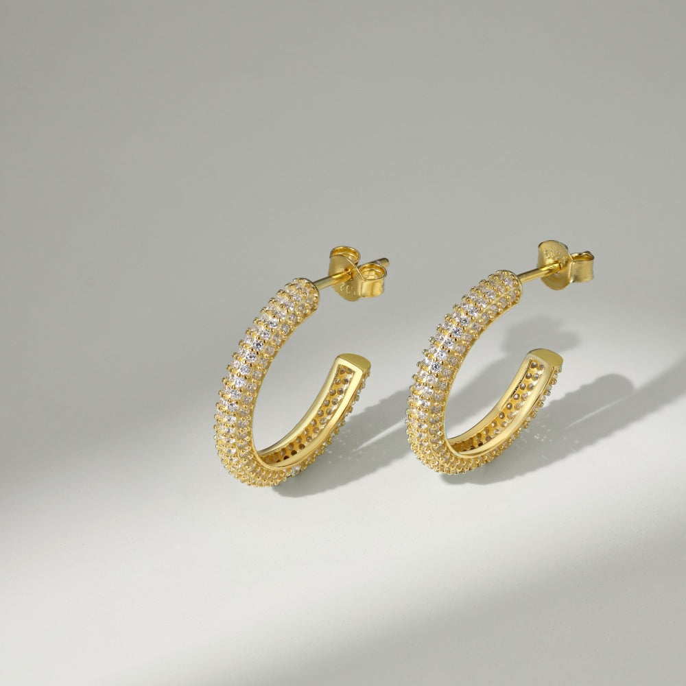 Women's Delicate 15 mm Round Huggie Earrings, Full Paved Round Zirconia, S925 with 18K Gold Plating