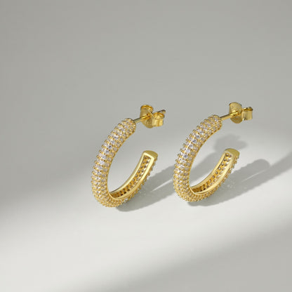 Women's Delicate 15 mm Round Huggie Earrings, Full Paved Round Zirconia, S925 with 18K Gold Plating