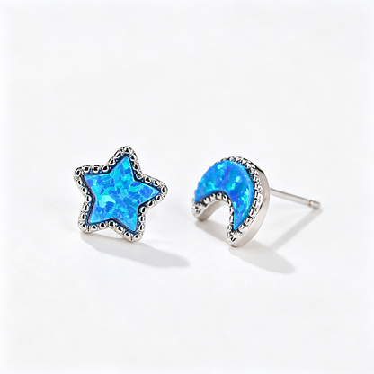Women's Asymmetrical Star‑Moon Blue / White Opal Stud Earrings, with White Gold Plating / Rose Gold Plating