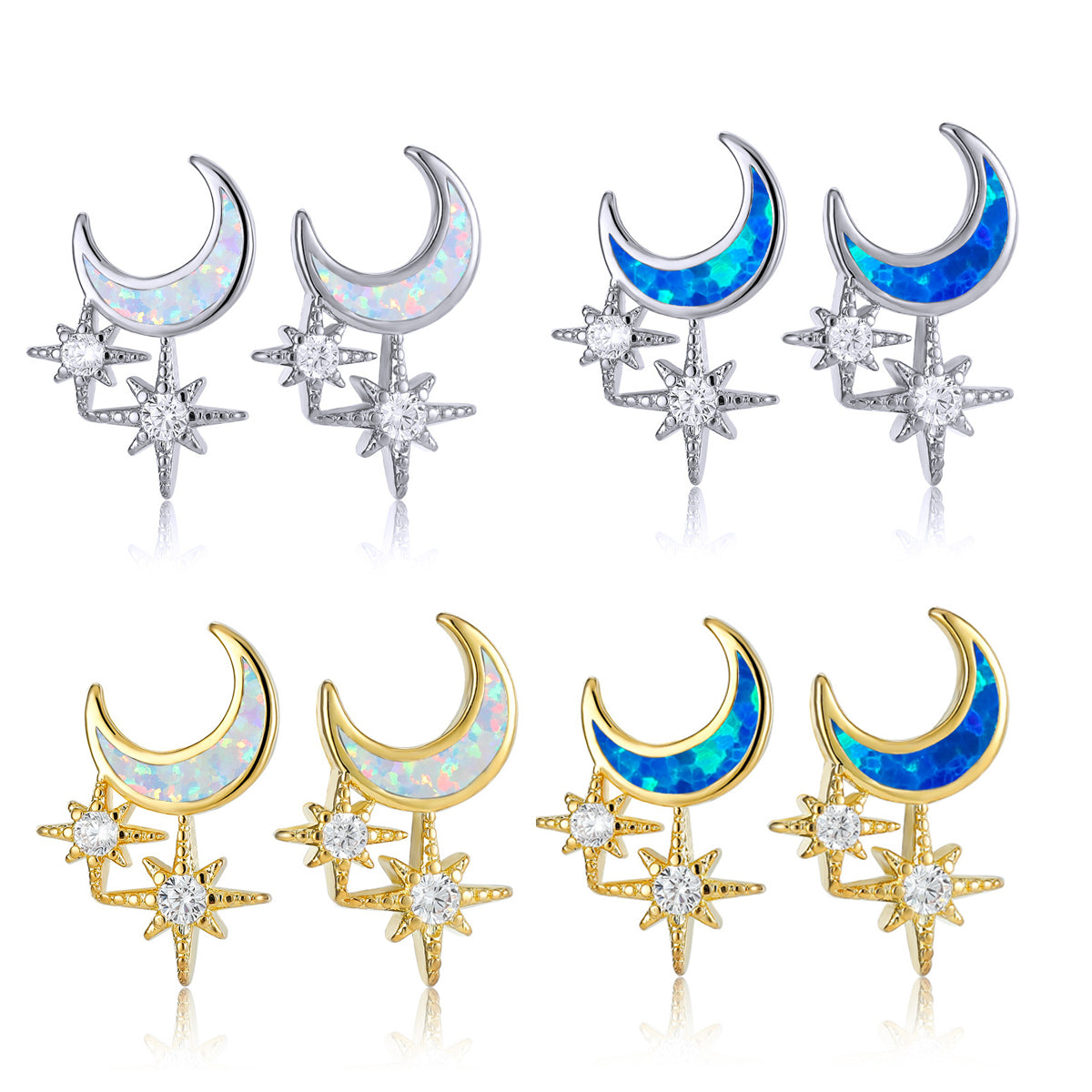 Women's Moon & Star Stud Earrings Inlaid with Blue Opal & White Opal and Round Zirconia