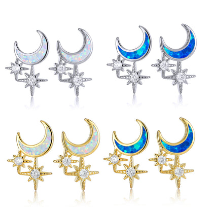 Women's Moon & Star Stud Earrings Inlaid with Blue Opal & White Opal and Round Zirconia