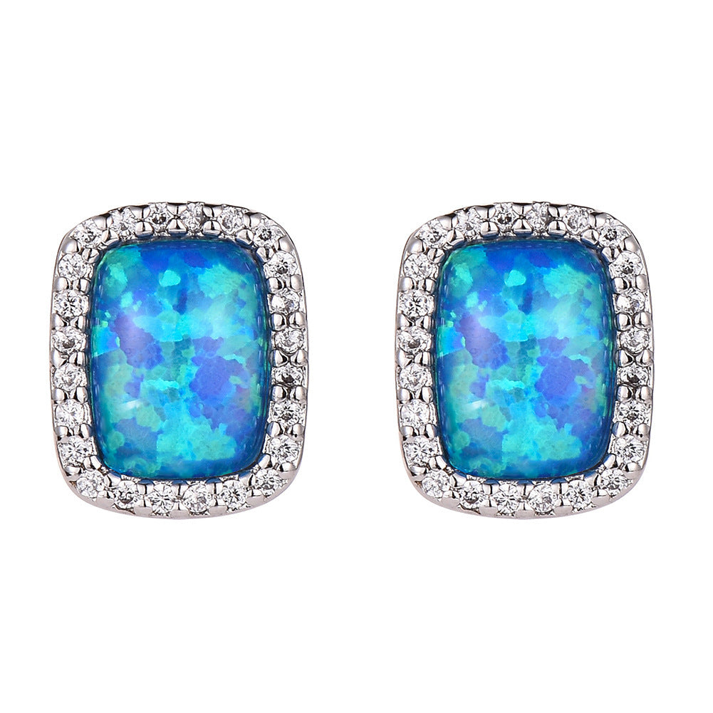 Women's Rectangle Halo Stud Earrings, Blue Opal Inlay Surrounded By Zirconia, with White Gold Plating