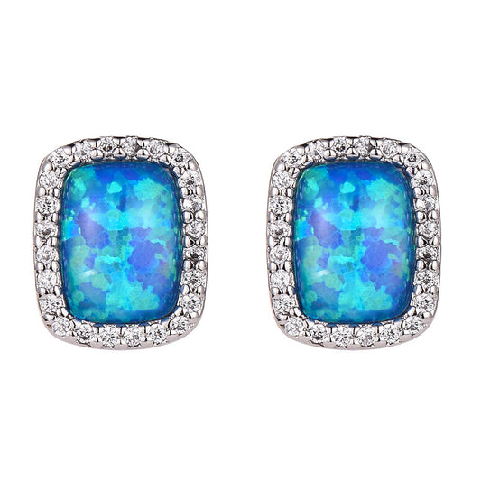 Women's Rectangle Halo Stud Earrings, Blue Opal Inlay Surrounded By Zirconia, with White Gold Plating