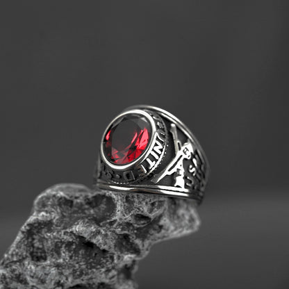 Vintage Solid Stainless Steel Hip Hop Dual Pistol Inlaid Red Cubic Zirconia Band Ring for Men