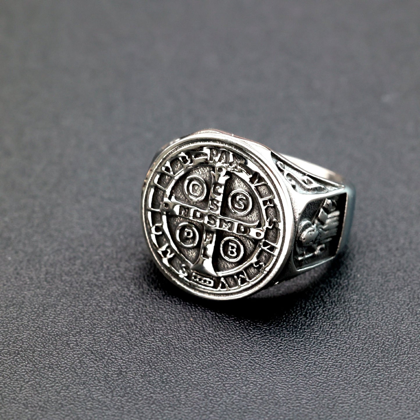 Vintage Stainless Steel Saint Benedict Exorcism Cross Ring for Men