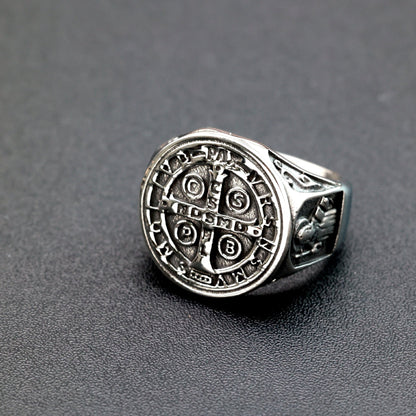 Vintage Stainless Steel Saint Benedict Exorcism Cross Ring for Men