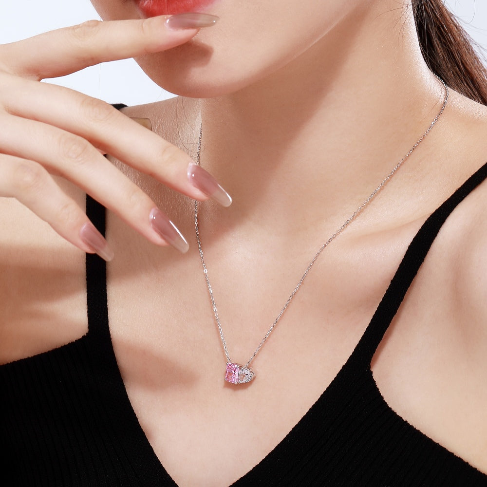 Women's Dual‑Main‑Stone Pendant Necklace, Heart Shape Zirconia & Pink Sapphire Inlay, S925 with White Gold Plating