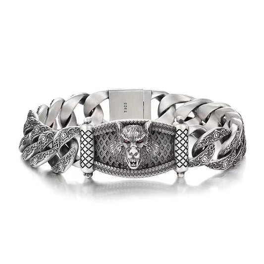 Men's Wolf Head Carved Curb Bracelet
