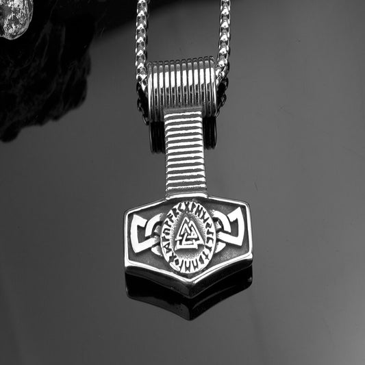 Men's Steel Valknut Mjolnir Pendant Necklace