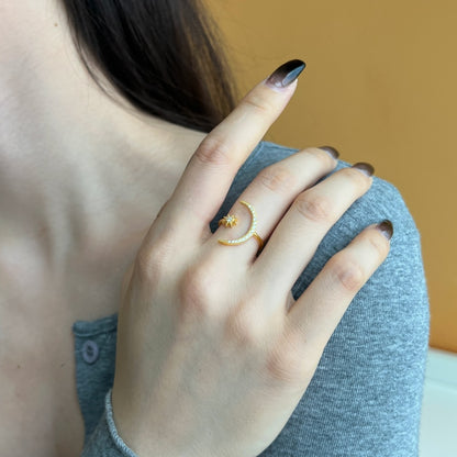 Women's S925 Golden Moon And Star Thin Stackable Adjustable Ring