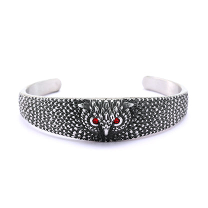 Vintage Owl Solid Stainless Steel Open C Bracelet for Men, European Retro Cuff Bangle