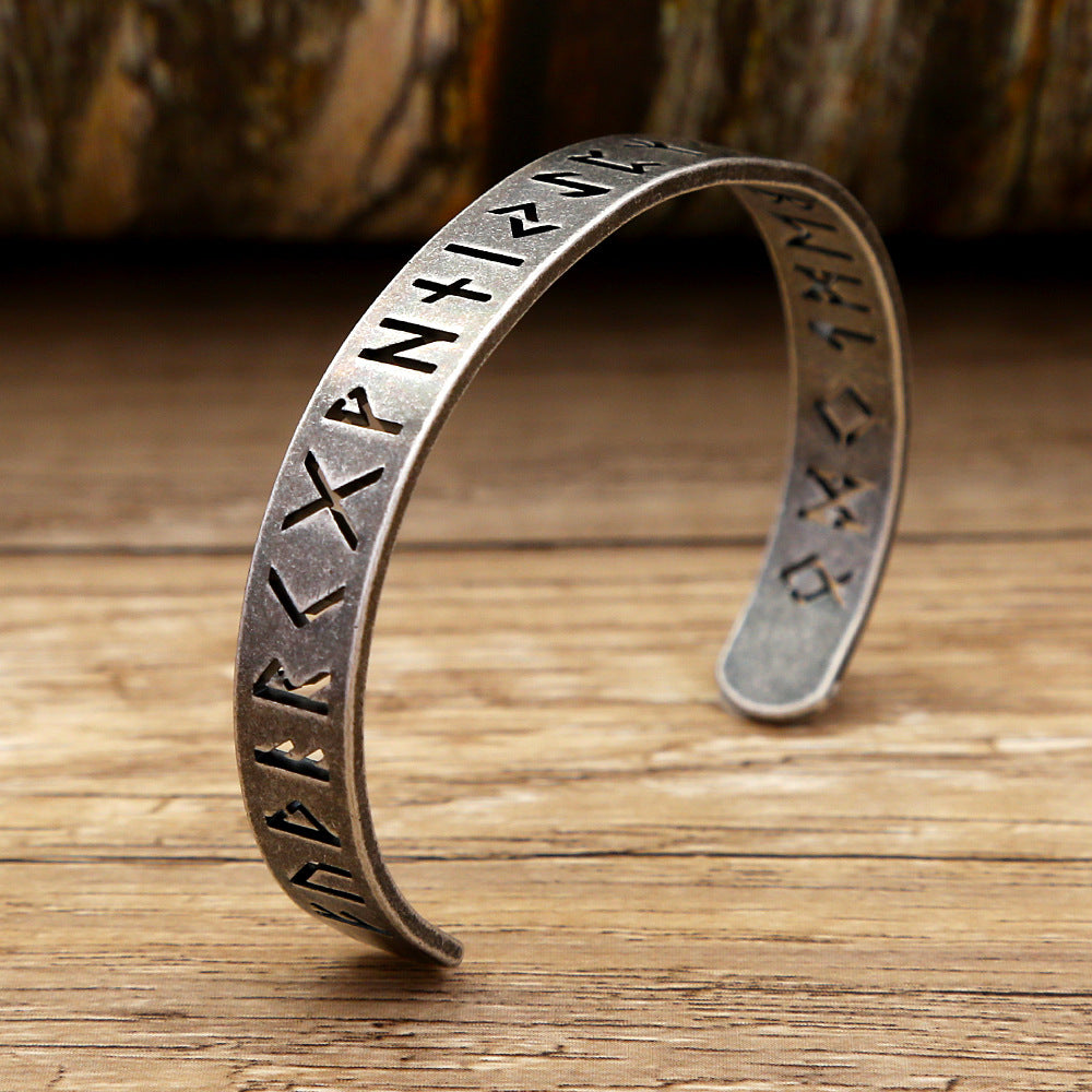 New Vintage Stainless Steel Men Bracelet, Retro European American Hollow Letter Character Open Cuff Jewelry