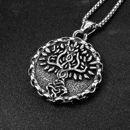 Men's Steel Nordic Tree of Life Lace Edge Round Retro Street Jewelry Pendant Necklace